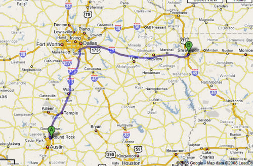 Austin to Shreveport Google Map
